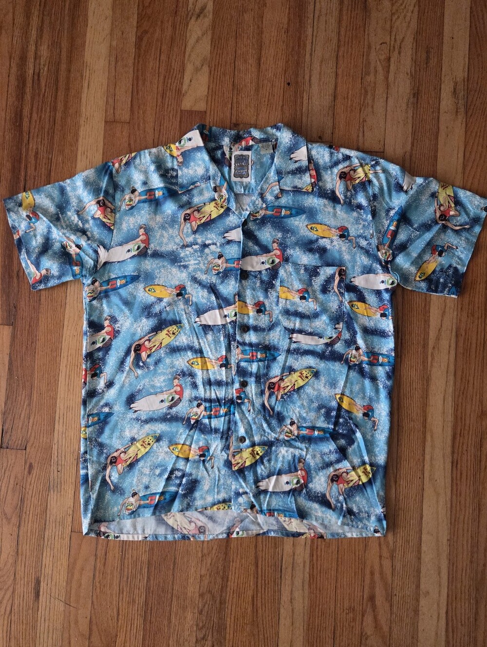 Vintage Ocean Current Surf Gear Rayon Camp Shirt Single Stitch Surfer Print M